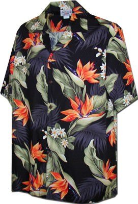 Черная мужская хлопковая гавайская рубашка (гавайка) производства США с цветами плюмерии Hawaiian Shirts Black Bird of Paradise, фото