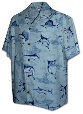 Синевато-серая мужская гавайская рубашка с кокосовыми пуговицами и рыбой-меч Pacific Legend Apparel Matched Front Men's Hawaiian Shirts - 442-3773 Slate, фото