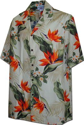Кремовая мужская хлопковая гавайская рубашка (гавайка) производства США с цветами плюмерии Hawaiian Shirts Black Bird of Paradise, фото