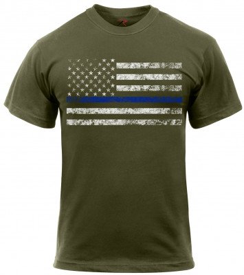 Оливковая футболка с флагом США и голубой полосой Rothco Thin Blue Line T-Shirt Olive 1092, фото