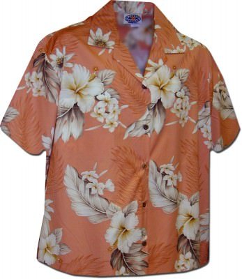 Персиковая женская гавайская рубашка с белыми цветами китайской розы Pacific Legend Hibiscus Islands Hawaiian Shirts 346-3162 Peach, фото