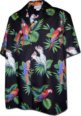 Черная мужская хлопковая гавайская рубашка (гавайка) производства США с попугаями Parrot Hawaiian Shirts Jungle Birds, фото