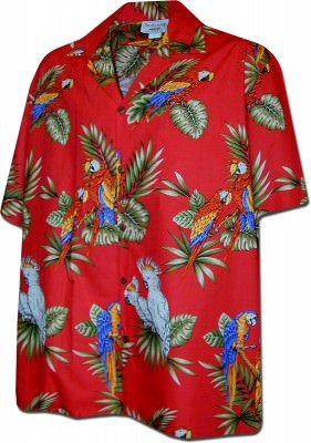 Красная мужская хлопковая гавайская рубашка (гавайка) производства США с попугаями Parrot Hawaiian Shirts Jungle Birds, фото