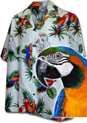 Белая мужская хлопковая гавайская рубашка (гавайка) производства США с попугаями Parrot Hawaiian Shirts Jungle Birds, фото