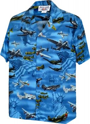 Голубая мужская хлопковая гавайская рубашка (гавайка) производства США с самолетами USA Fighter Planes Mens Cotton Shirt, фото