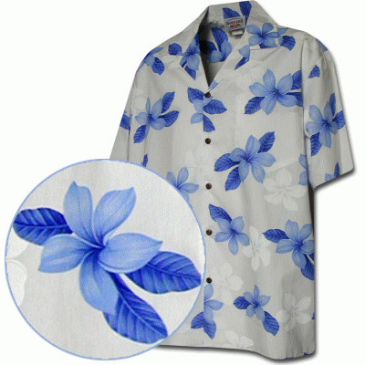 Голубая мужская хлопковая гавайская рубашка (гавайка) производства США с цветами плюмерии Plumerias Hawaiian Shirts, фото