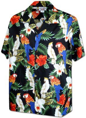 Мужская хлопковая гавайская рубашка (гавайка) в черном цвете производства США с попугаями Exotic Parrot and Cockatiel Men's Tropical Shirt, фото