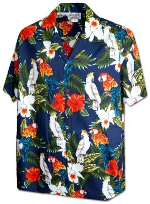 Мужская хлопковая гавайская рубашка (гавайка) в темно-синем цвете производства США с попугаями Exotic Parrot and Cockatiel Men's Tropical Shirt, фото