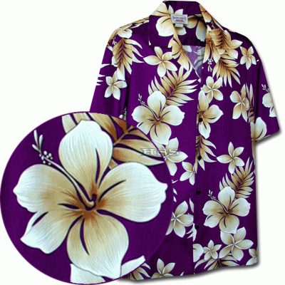 Сиреневая мужская хлопковая гавайская рубашка (гавайка) производства США с цветами китайской розы Hawaiian Print Shirts Native Hibiscus, фото