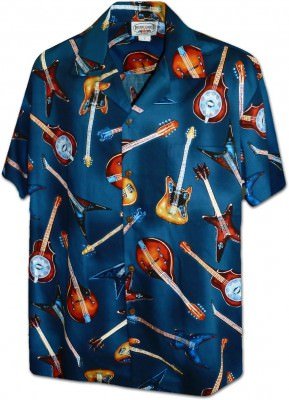 Мужская хлопковая гавайская рубашка (гавайка) в темно-синем цвете производства США с гитарами Guitars Rock Men's Cotton Shirt, фото