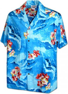 Мужская хлопковая гавайская рубашка (гавайка) в голубом цвете производства США с цветами гибискуса Ghibiscus Wave Men's Tropical Shirt, фото