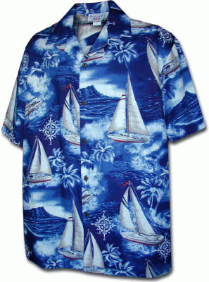 Темно-синяя мужская хлопковая гавайская рубашка (гавайка) производства США с парусниками Sail Away Mens Hawaiian Shirts, фото