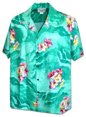 Мужская хлопковая гавайская рубашка (гавайка) в зеленом цвете производства США с цветами гибискуса Ghibiscus Wave Men's Tropical Shirt, фото