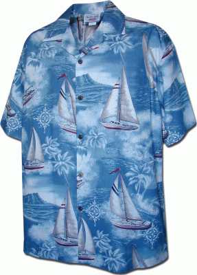 Голубая мужская хлопковая гавайская рубашка (гавайка) производства США с парусниками Sail Away Mens Hawaiian Shirts, фото