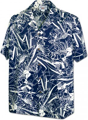 Мужская хлопковая гавайская рубашка (гавайка) в темно-синем цвете производства США с цветами гибискуса Botanicals Men's Tropical Shirt, фото