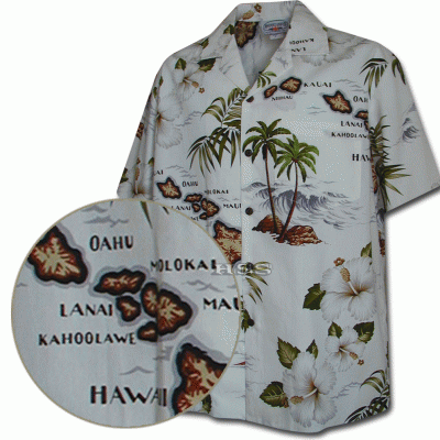 Белая мужская хлопковая гавайская рубашка (гавайка) производства США с картой Гавайских Островов Island Shirts Hawaiian Maps Vintage Tropical, фото