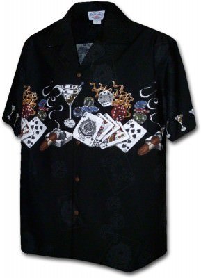 Черная мужская гавайская рубашка с кокосовыми пуговицами и игровыми картами Pacific Legend Men's Border Hawaiian Shirts - 440-3700 Black, фото