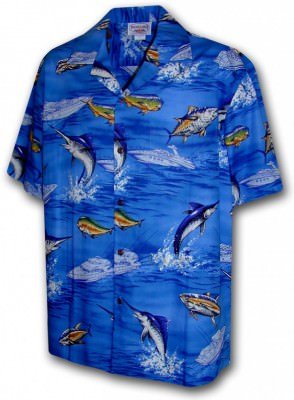 Голубая мужская хлопковая гавайская рубашка (гавайка) производства США с изображением атлантического голубого марлина Marlin Fish Men's Tropical Shirt, фото