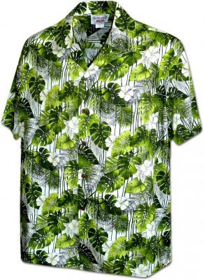 Мужская хлопковая гавайская рубашка (гавайка) в зеленом цвете производства США с экзотическими тропическими цветами Exotic Tropical Flowers Men's Aloha Shirt, фото