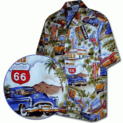 Голубая мужская хлопковая гавайская рубашка (гавайка) производства США с изображением ретро автомобилей и знака Route 66 Scenics Car Shirts, фото