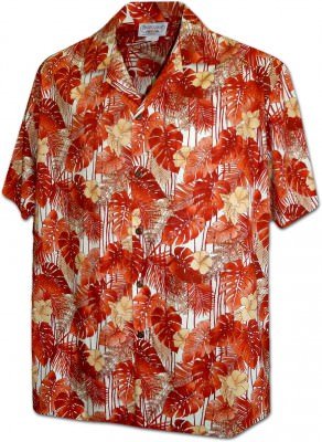 Мужская хлопковая гавайская рубашка (гавайка) в оранжевом цвете производства США с экзотическими тропическими цветами Exotic Tropical Flowers Men's Aloha Shirt, фото