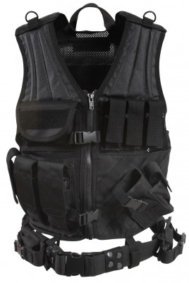 Тактический черный разгрузочный жилет с кобурой Rothco Cross Draw MOLLE Tactical Vest Black 6491, фото