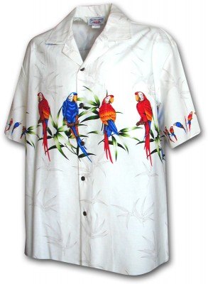 Белая мужская гавайская рубашка с кокосовыми пуговицами и попугаями Pacific Legend Men's Border Hawaiian Shirts - 440-3636 White, фото