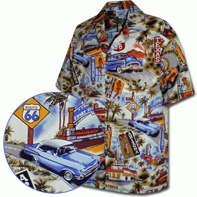 Песочная мужская хлопковая гавайская рубашка (гавайка) производства США с изображением ретро автомобилей и знака Route 66 Scenics Car Shirts, фото