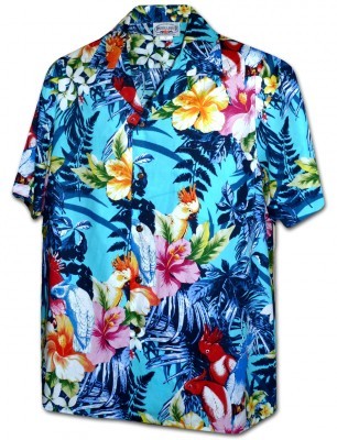 Мужская хлопковая гавайская рубашка (гавайка) в нежно голубом цвете производства США с тропическими цветами плюмерии и попугаями Parrot Tropical Men's Hawaiian Shirt, фото