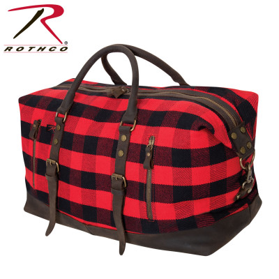 Сумка винтажная в красную клетку с кожаными ручками Rothco Extended Weekender Bag Red Plaid 9086, фото