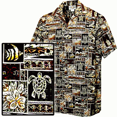 Мужская хлопковая гавайская рубашка (гавайка) в коричневом цвете производства США с черепашками и рыбками Men's Aloha Hawaiian Shirt Tropical Fish, фото