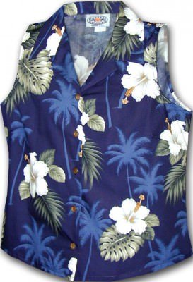 Женская гавайская рубашка без рукавов Pacific Legend Hibiscus Island Ladies Sleevless Hawaiian Shirts - 342-2798 Navy, фото