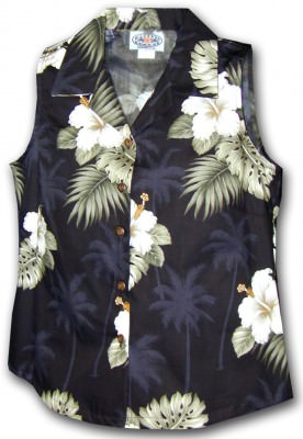 Женская гавайская рубашка без рукавов Pacific Legend Hibiscus Island Ladies Sleevless Hawaiian Shirts - 342-2798 Black, фото