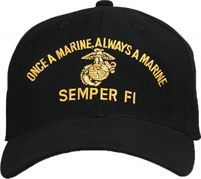 Бейсболка с золотой вышитой надписью «Once A Marine, Always A Marine - Semper Fi» и эмблемой КМП США, фото