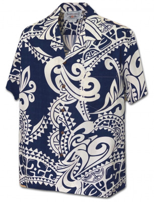Мужская хлопковая гавайская рубашка темно-синего цвета (гавайка) производства США с узором Tribal Tattoo Designs Men's Aloha Shirt 410-3984 Navy, фото