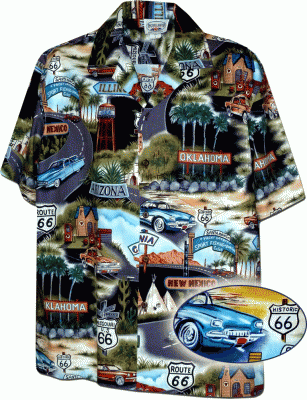 Черная мужская хлопковая гавайская рубашка (гавайка) производства США с рисунком ретро автомобилей и знака Route 66 Historic Mens Car Shirts, фото