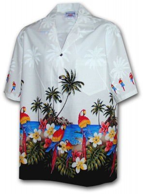 Белая мужская гавайская рубашка с пальмами и попугаями Pacific Legend Men's Border Hawaiian Shirts - 440-3468 White, фото