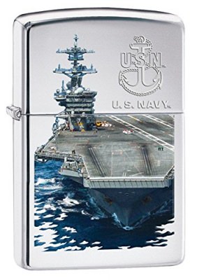 Зажигалка Zippo с логотипом "USN" и авианосцем US Navy Lighter High Polish Chrome Navy Boats, фото