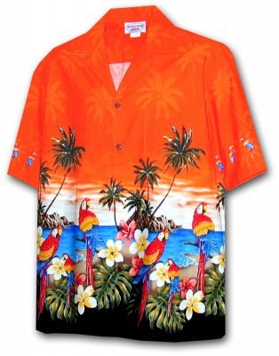Оранжевая мужская гавайская рубашка с кокосовыми пуговицами, пальмами и попугаями Pacific Legend Men's Border Hawaiian Shirts - 440-3468 Orange, фото