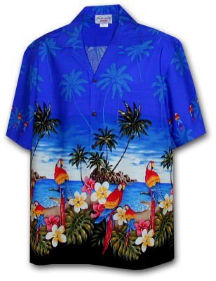 Голубая мужская гавайская рубашка с попугаями и пальмами Pacific Legend Men's Border Hawaiian Shirts 440-3468 Blue, фото