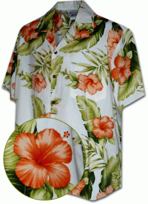 Белая мужская хлопковая гавайская рубашка (гавайка) производства США с оранжевыми цветами гибискуса White Hawaiian Shirt with Orange Hibiscus, фото