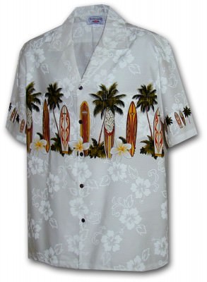 Белая мужская гавайская рубашка с кокосовыми пуговицами,скейтбордом и пальмами Pacific Legend Men's Border Hawaiian Shirts 440-3466 White, фото