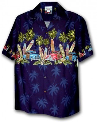 Темно-синяя мужская гавайская рубашка с автомобилями,скейтбордом и пальмами Pacific Legend Men's Border Hawaiian Shirts - 440-3313 Navy, фото