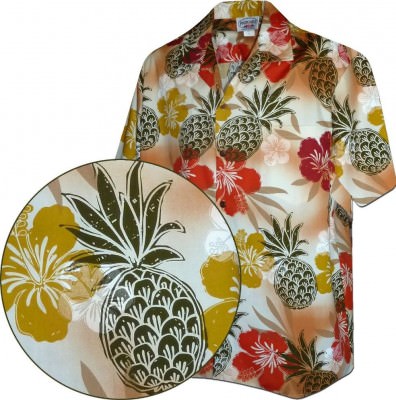 Оранжевая мужская хлопковая гавайская рубашка (гавайка) производства США с ананасами Pineapple Plantation Men's Aloha Shirt, фото
