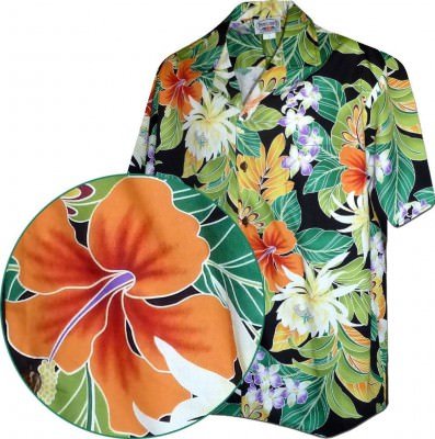 Черная мужская хлопковая гавайская рубашка производства США с оранжевыми цветами плюмерии Maui Tropics Men's Aloha Shirts, фото