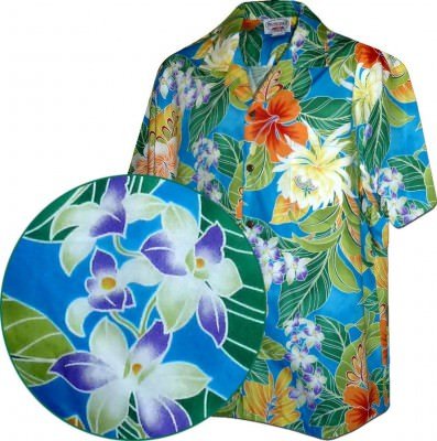 Голубая мужская хлопковая гавайская рубашка (гавайка) производства США с цветами плюмерии Maui Tropics Men's Aloha Shirts, фото