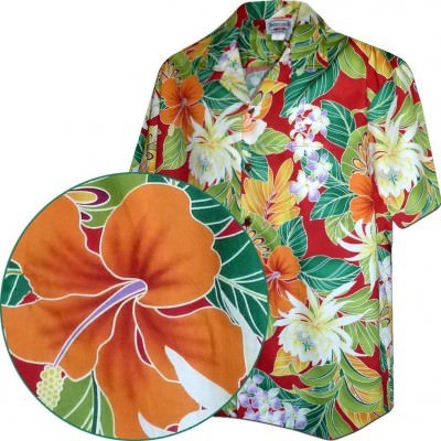 Красная мужская хлопковая гавайская рубашка (гавайка) производства США с цветами плюмерии Maui Tropics Men's Aloha Shirts, фото
