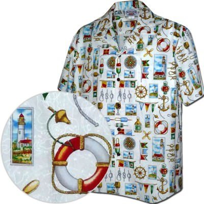 Белая мужская хлопковая гавайская рубашка (гавайка) производства США с якорями и штурвалами Nautical Themed Mens Shirts, фото