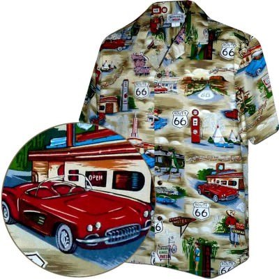 Песочная мужская хлопковая гавайская рубашка (гавайка) производства США с автомобилями Route 66 The Main Street of America Shirt, фото