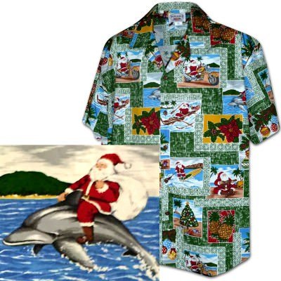 Зеленая мужская хлопковая гавайская рубашка (гавайка) производства США с сантой Paradise Santa Christmas Hawaiian Shirts, фото